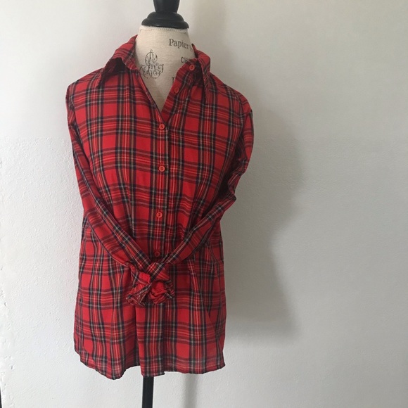 SPIN UNION LABEL Red Plaid Button Down Vintage Blouse - Picture 2 of 8